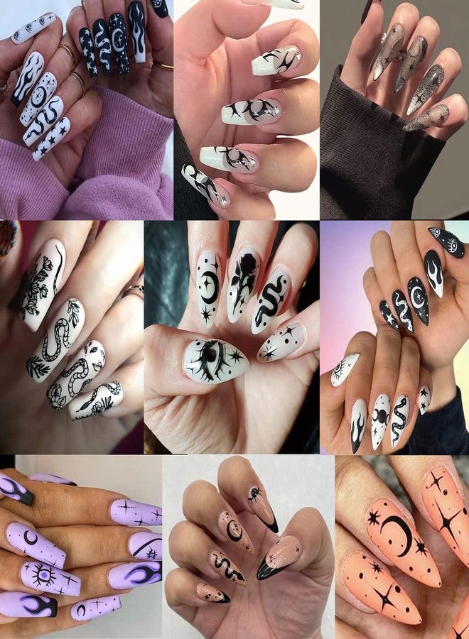 LRKNNO 10 Sheets Gothic Nail Stickers 3D Self-Adhesive Snake Nail Art Stickers Black White Rose Flower Eye Fishbone Star Moon Design Nail Art Decorations Butterfly Nail Decals for Women Acrylic Nail Supplies - Image 4